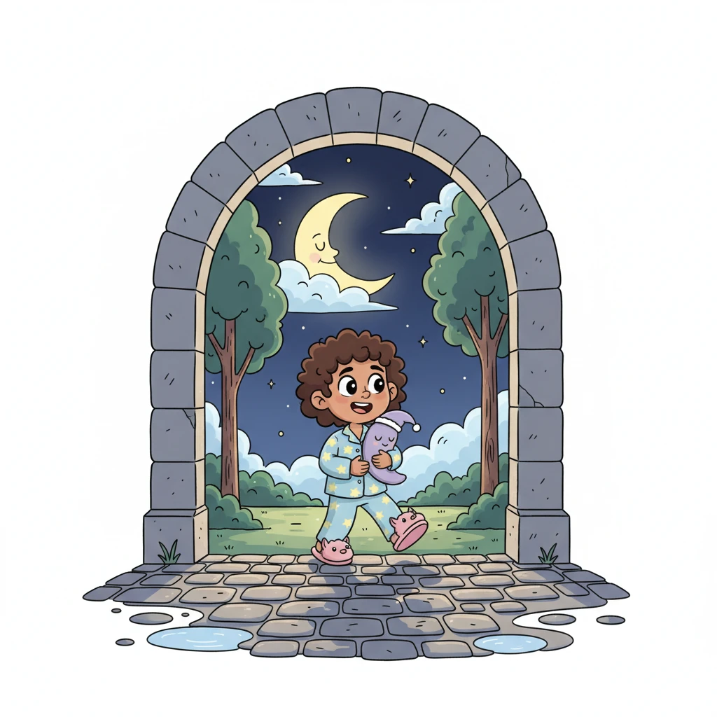 Stepping through the archway, you find yourself in a breathtaking, open-air courtyard, where the night sky, now a soft velvet canvas, is dotted with twinkling stars peeking through the lingering clouds. The gentle rain has left the cobblestones glistening, reflecting the soft glow of the distant moon in a myriad of tiny, shimmering pools. Tall, ancient trees stand sentinel around the edges, their leaves softly rustling as if whispering secrets to the cool, clean air. The quiet beauty of this space wraps around you, a gentle hug.