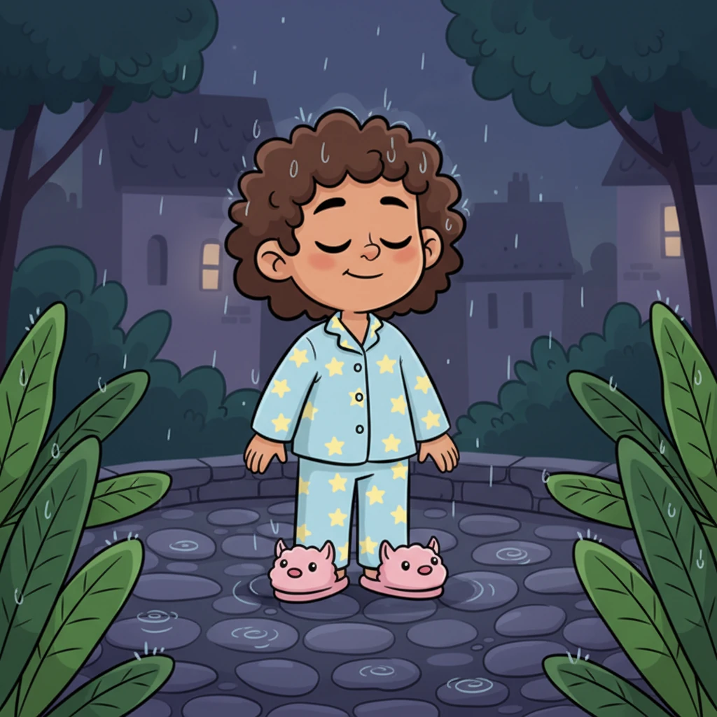 You stand perfectly still in the center of the courtyard, letting the cool, clean air embrace you, your senses fully attuned to the symphony of the night. The rain has softened to an even gentler drizzle, each drop a tiny, delicate drumbeat on the leaves and stones, a profoundly calming sound. You close your eyes for a moment, absorbing the peaceful rhythm, feeling the cool mist on your face, a tender kiss from the night. This quiet moment of connection fills you with a deep sense of tranquility.