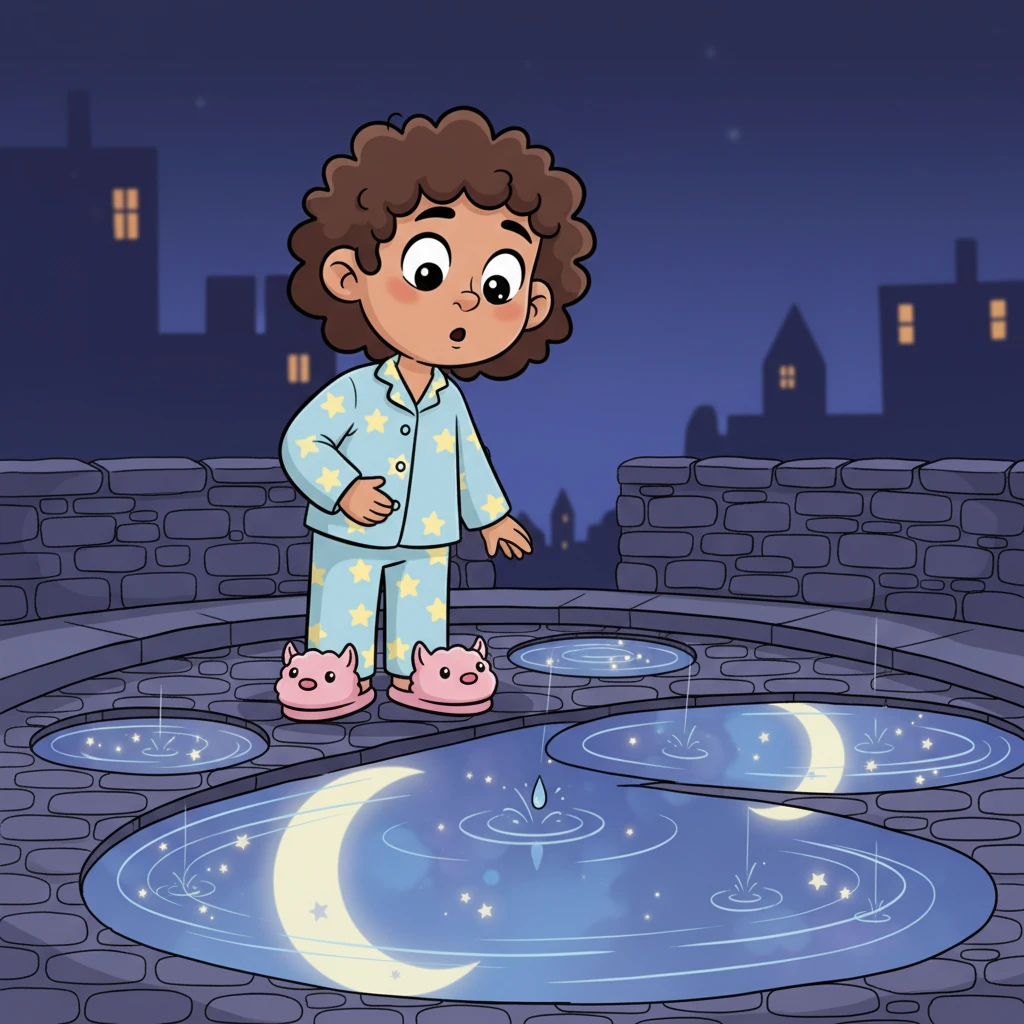 Opening your eyes, you gaze down at the cobblestone path, where the lingering puddles mirror the soft, diffused light from the moon and the faint twinkle of the hidden stars above. These tiny, liquid mirrors create a magical, inverted sky at your feet, dancing with a quiet, ethereal glow. Each ripple from a falling raindrop gently distorts and then reforms the shimmering reflections, a mesmerizing, slow dance of light and water. The soft, continuous patter of the rain creates a perfect, soothing soundtrack to this enchanting scene.