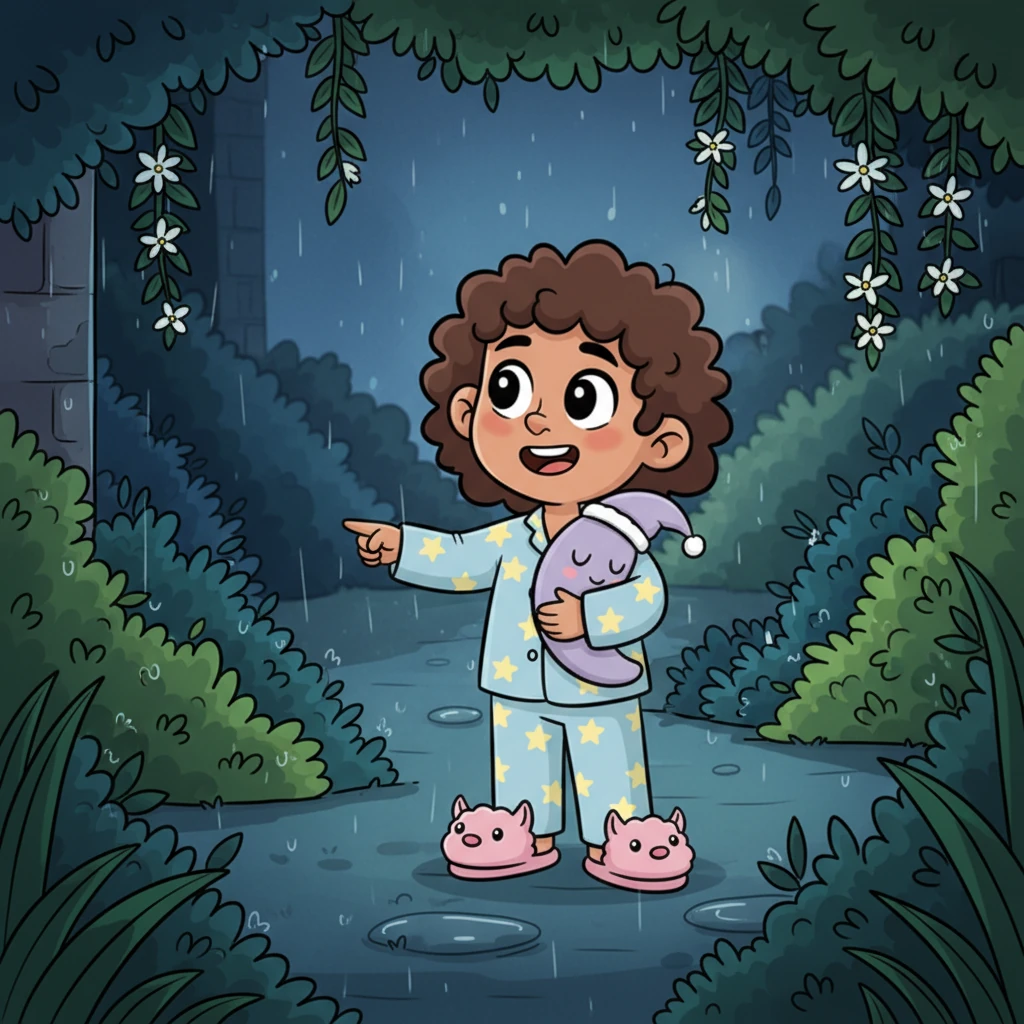 As you slowly turn, your eyes discover a narrow, winding path tucked away in a shadowed corner of the courtyard, almost hidden by lush, overgrown bushes. This secret path, barely visible in the soft moonlight, seems to invite you to a place of even deeper serenity, a quiet haven away from the grander spaces. A faint, sweet scent of night-blooming jasmine drifts from its direction, a gentle promise of hidden wonders. The gentle, persistent rain continues to sprinkle its magic, dampening the earth and making every leaf glisten.