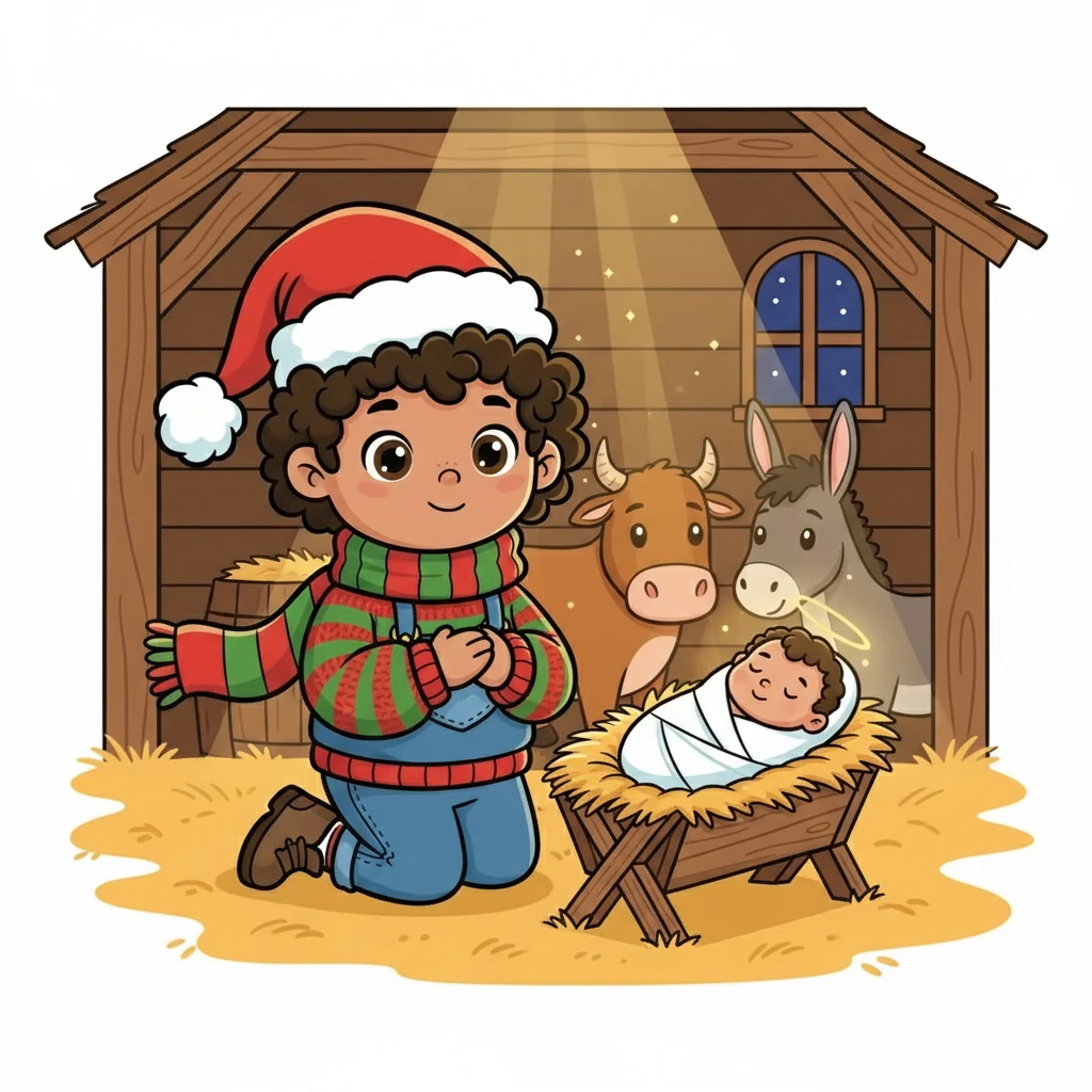At last, they arrived at a humble stable, where they found the baby Jesus lying in a manger. The scene was filled with a gentle, peaceful light. Samuel knelt in reverence, his heart overflowing with love and gratitude.