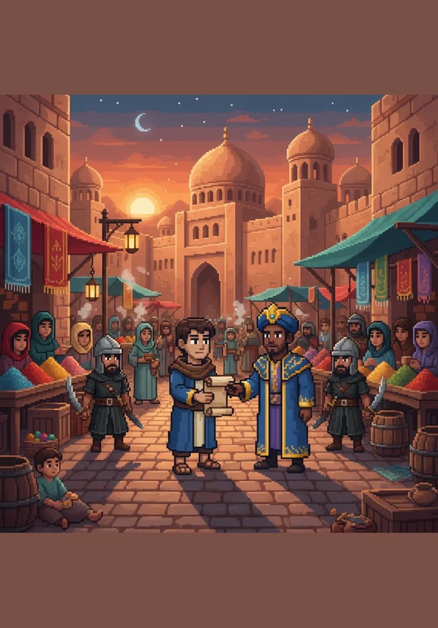 In the crowded markets of Damascus, the sun sets over the Umayyad palaces while citizens talk in hushed tones about their desire for change. A young scholar named Zaid watches the palace guards from a distance, sensing the growing unrest in the heart of the empire.