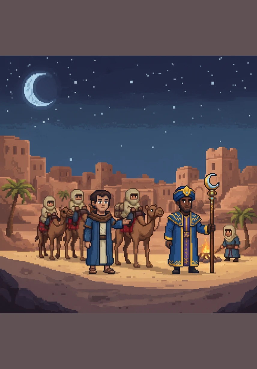 Under a starlit sky, the brave leader Abu Muslim al-Khurasani stands on a wooden platform and raises a massive, ink-black flag. The crowd gasps as the Black Standard unfurls in the wind, serving as a powerful signal for all those ready to join the revolution.