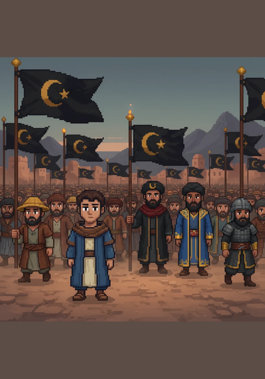 The movement gains momentum as thousands of people from different lands and cultures unite under the black banners. Zaid joins the great march, seeing farmers, merchants, and soldiers walking side by side with a shared hope for a better world.