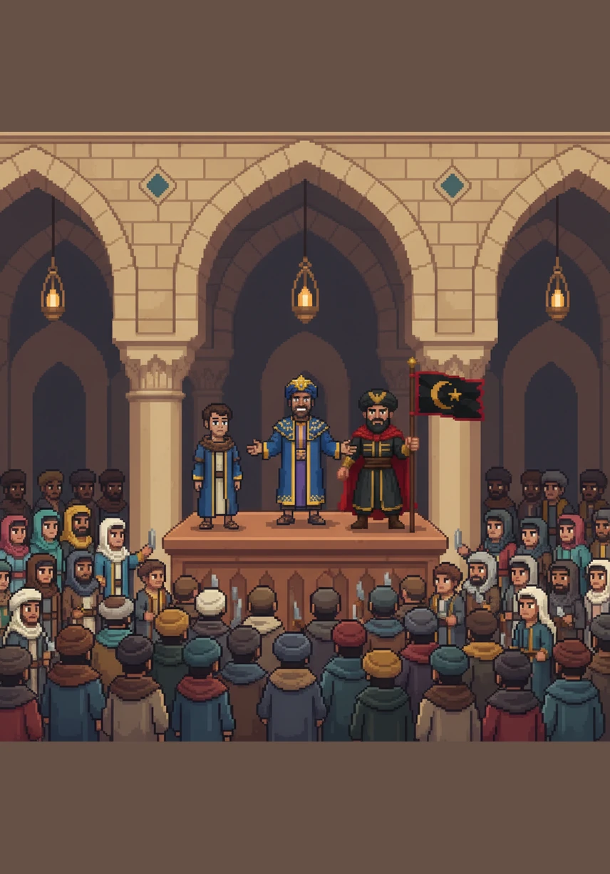 In the grand, arched mosque of Kufa, Abu al-Abbas as-Saffah is officially declared the first Abbasid Caliph. He addresses the people with a voice full of conviction, promising to lead with wisdom and to protect the rights of every citizen in the vast territory.