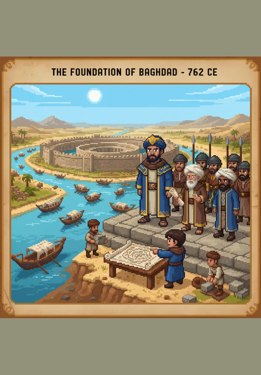 To celebrate the new era, Caliph Al-Mansur stands by the Tigris River and points to a map of a perfect circular city. Skilled architects and workers begin to lay the foundations of Baghdad, a city designed to be the center of peace and civilization.