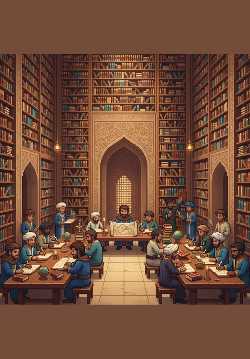 Years later, Zaid enters the magnificent House of Wisdom in Baghdad, where the walls are lined with thousands of golden-edged manuscripts. Scholars from every nation sit together at long tables, translating ancient knowledge and making new scientific breakthroughs.