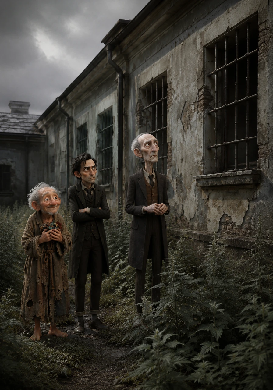 The camera slowly approaches the small, dilapidated wing of the hospital, where the windows are reinforced with heavy iron bars and the yard is overgrown with tall, stinging nettles. The exterior walls are a drab, peeling grey, reflecting the somber atmosphere of the forgotten ward tucked away from the rest of the world.
