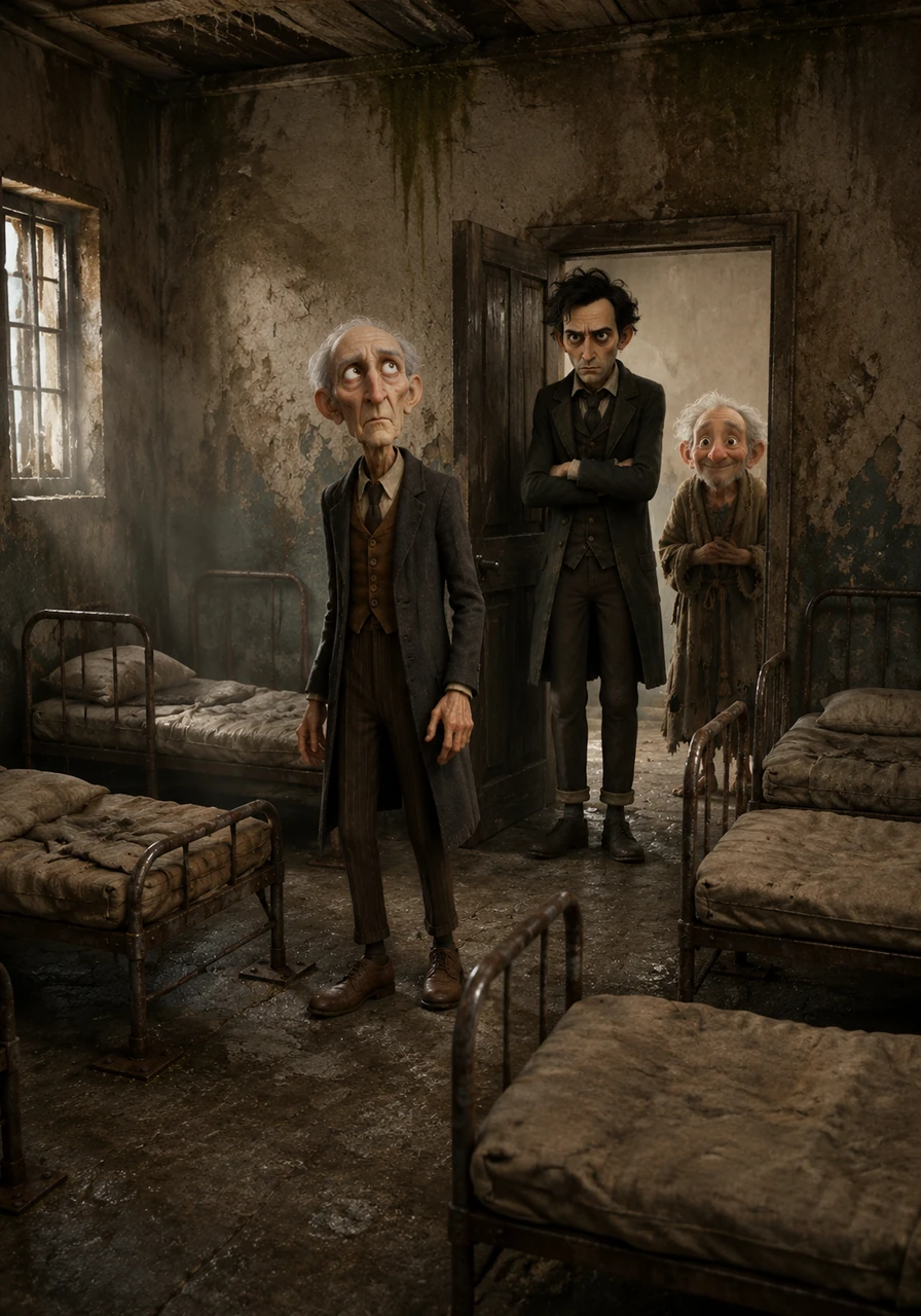 Stepping inside, the air is thick with the heavy, stifling scent of ammonia and sour cabbage. Five iron beds are bolted to the uneven floor, their frames rusted and their mattresses thin and lumpy against the backdrop of stained, damp walls.