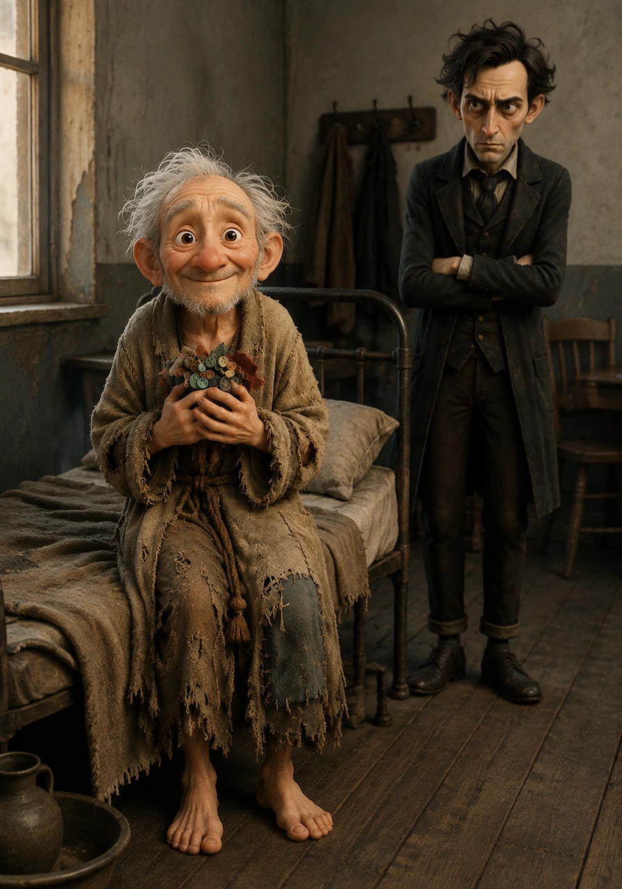 Moiseika, a small and frail man with a constant, vacant smile, sits upright on the first bed. He is draped in a tattered dressing gown and clutches a handful of worthless scraps and buttons as if they were precious treasures, his eyes twinkling with a childish, misplaced joy.