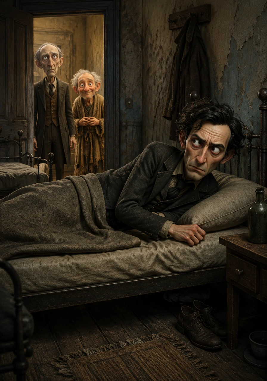 The camera moves to the second bed where Ivan Dmitritch Gromov lies on his side, his body tense and his eyes wide with a restless, agonizing suspicion. He stares intently at the doorway, his brow furrowed in a permanent expression of intellectual torment and the fear of an impending arrest.