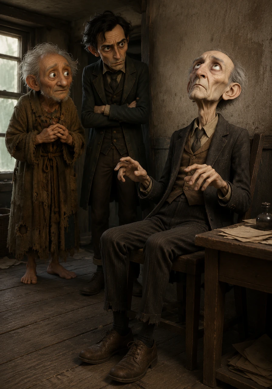 Beside him, the former postmaster sits in a state of catatonic silence, his body withered and his face a mask of profound emptiness. He stares at the ceiling for hours without blinking, his hands occasionally twitching as if sorting through invisible letters from a life long forgotten.