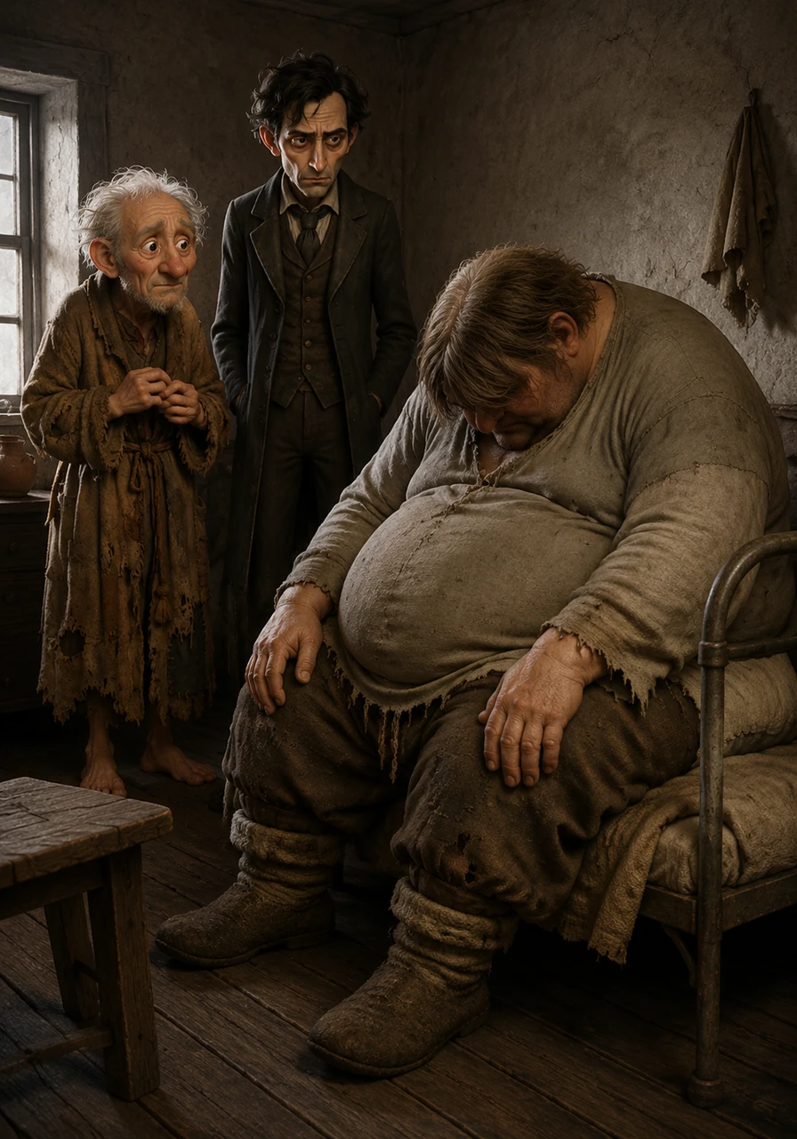In the corner, a massive, bloated peasant sits motionless on his bed, his head hanging low toward his chest. He resembles a heavy, unhewn stone, completely unresponsive to the world around him, lost in a deep, impenetrable fog of mental exhaustion.