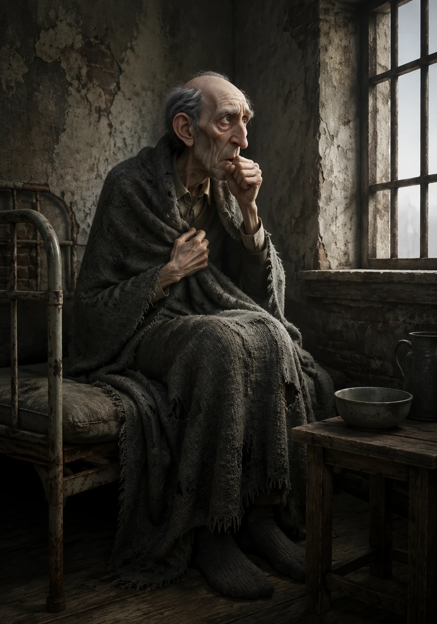 The fifth resident is a gaunt, tall man with a hollow chest who remains huddled under a threadbare grey blanket. A persistent, dry cough shakes his frame, and he looks out the barred window with a gaze that seems to see right through the walls and into the void.