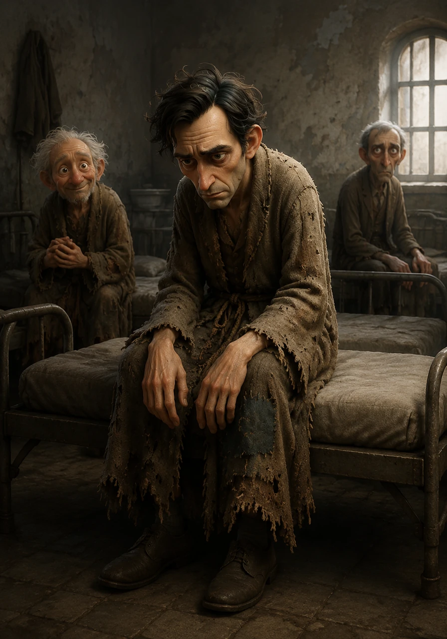 Dr. Andrey Yefimitch Ragin sits on the edge of the final bed, his shoulders slumped and his hands resting heavily on his knees. Once the man in charge, he now wears the same coarse hospital gown as the others, his face reflecting a tragic realization that he has become part of the very world he once observed from a distance.