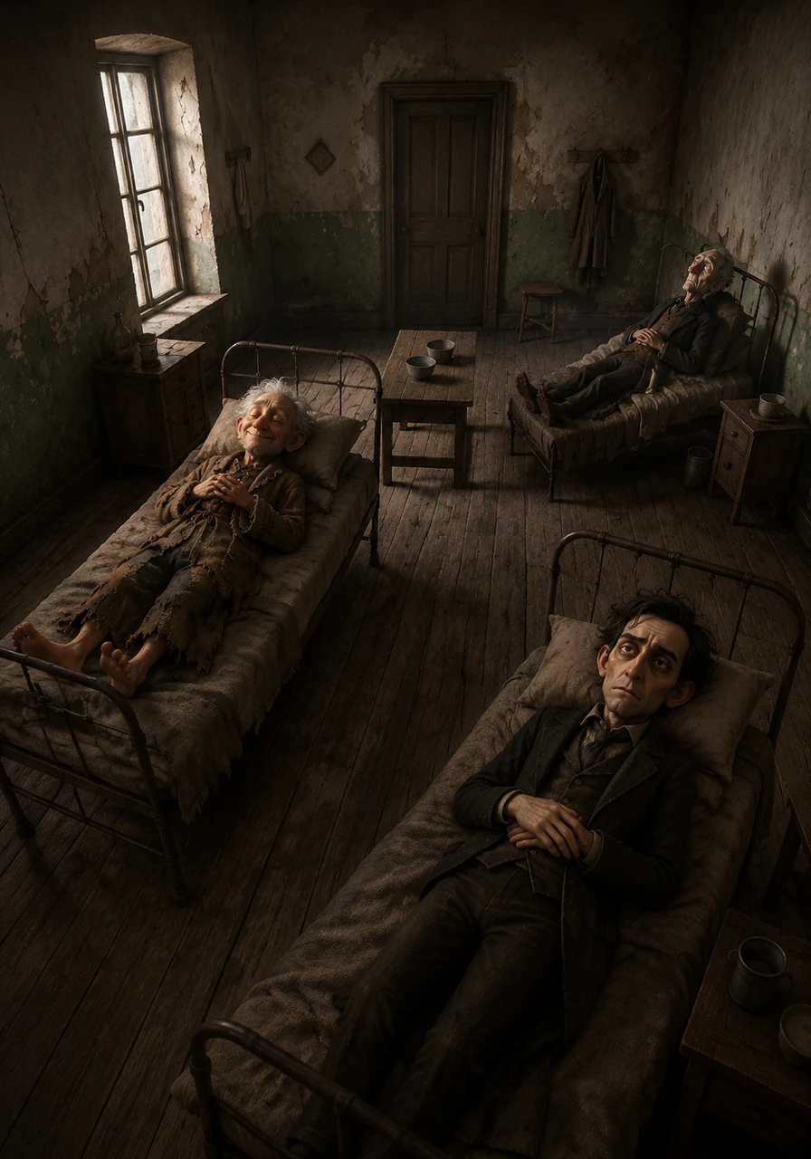The camera pans back to capture the entire room in one final, sweeping tour, showing the residents lying in their stillness. It is a quiet, tragic tableau of human existence where time has stopped, leaving only the echoes of philosophical questions and the cold reality of Ward No. 6.