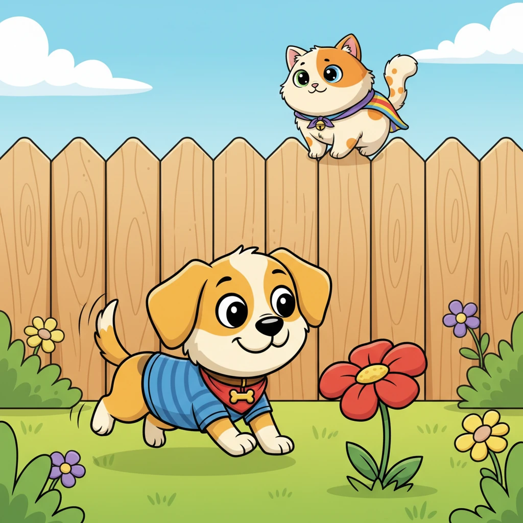 Buster, a fluffy, happy dog with floppy ears, was bouncing playfully in his sunny backyard. His tail wagged like a cheerful pendulum as he sniffed at a bright red flower. Suddenly, a flash of orange fur caught his eye, perching gracefully on the tall wooden fence.