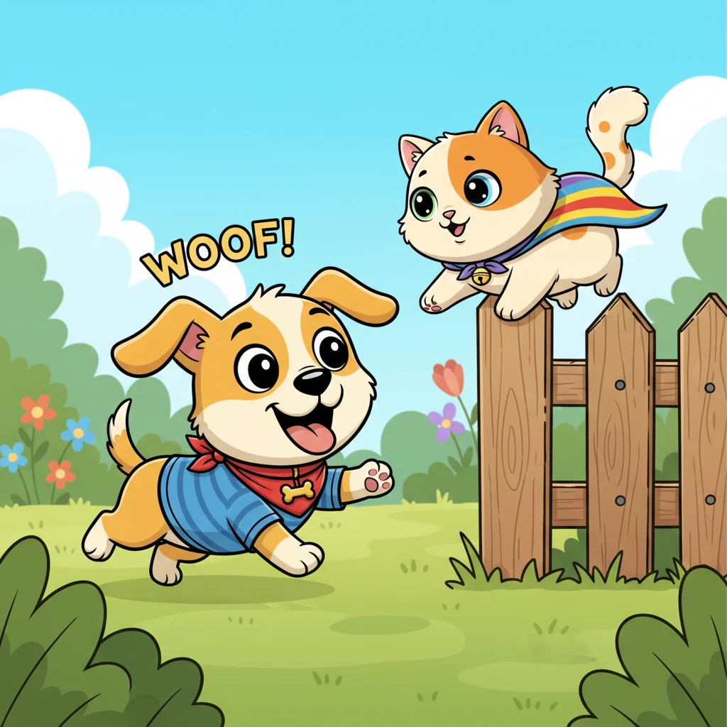 It was Whiskers, a sleek, curious cat, observing Buster from her high vantage point. Buster let out a happy 'Woof!' and bounded towards the fence, thinking it was an invitation to a game. Whiskers, with a twitch of her tail, decided the game was 'catch me if you can' and leaped down.