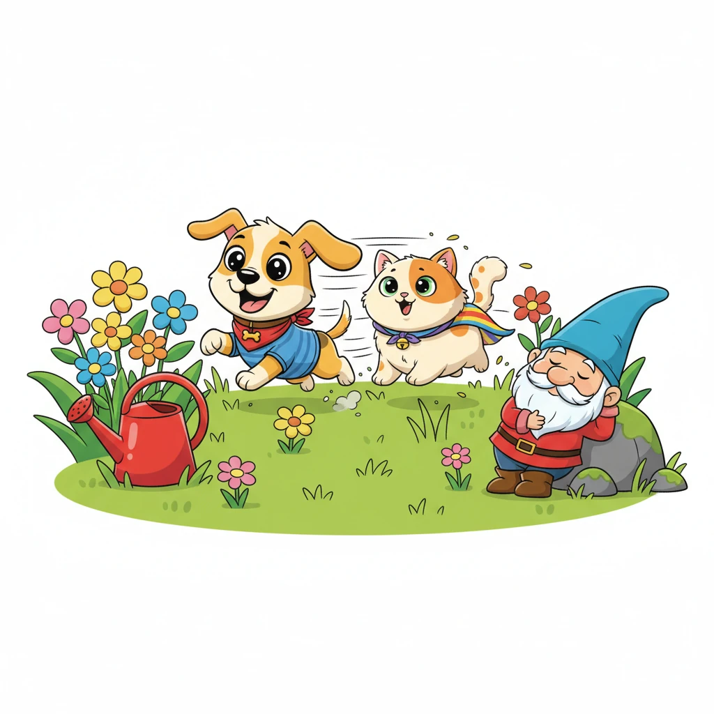 The chase was on! Buster's short legs pumped with excitement as Whiskers darted through the vibrant green grass. They weaved past colorful flowerbeds, a bright red watering can, and even a napping garden gnome. It was a joyful blur of motion and happy barks.