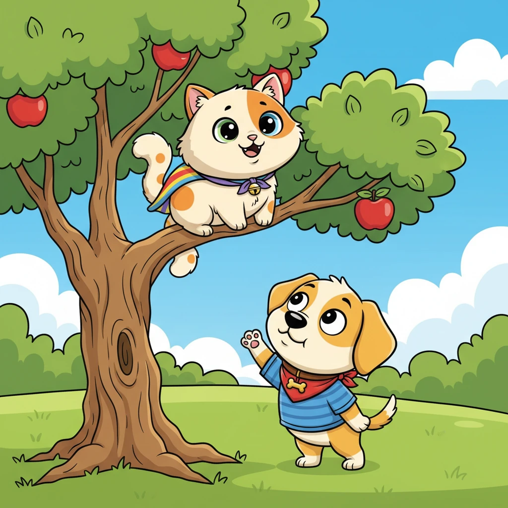 Whiskers, with her nimble paws, spotted a tall, gnarled apple tree in the corner of the yard. In one fluid motion, she scrambled up its sturdy trunk, finding a comfortable branch just out of Buster's reach. She looked down with sparkling, mischievous eyes.