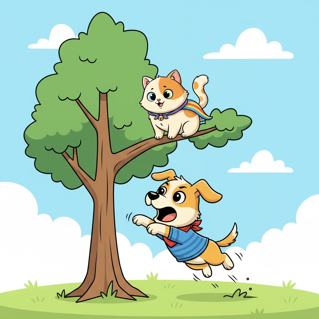 Buster skidded to a halt at the base of the tree, looking up at Whiskers with a mix of confusion and determination. He jumped and barked, trying his best to reach her, but the tree was simply too tall for a ground-loving pup like him. His efforts were full of comical leaps.