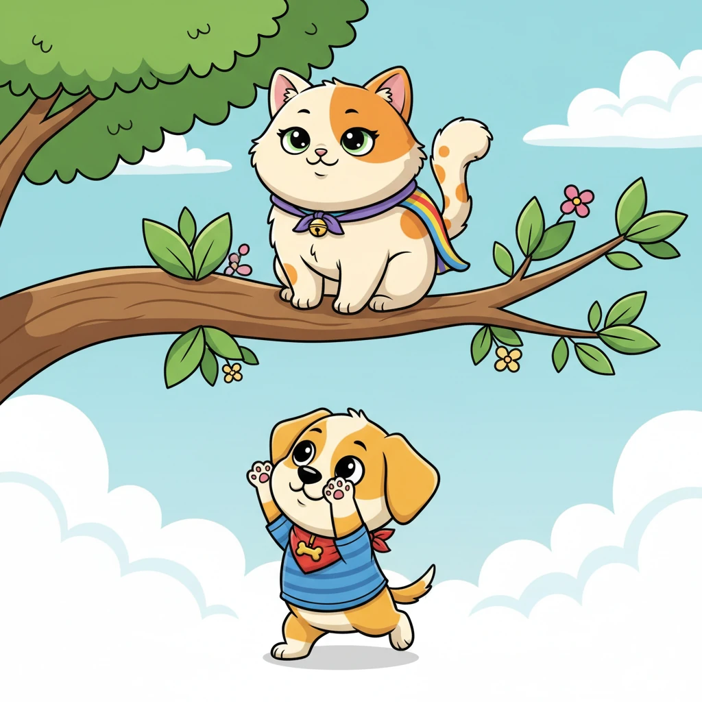 Whiskers sat serenely on her branch, her tail swishing gently like a pendulum. She watched Buster's energetic but fruitless attempts with an amused expression. It seemed she was quite enjoying her safe, leafy perch.