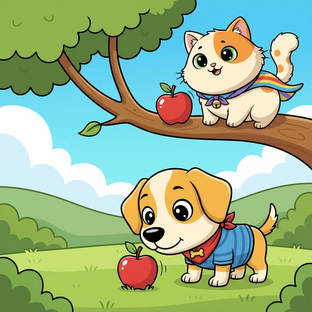 Seeing Buster's change of heart, Whiskers gave a soft 'meow' and gently nudged a bright red apple from her branch. It tumbled down, bouncing softly on the grass, landing right beside Buster's nose. Buster sniffed it curiously.