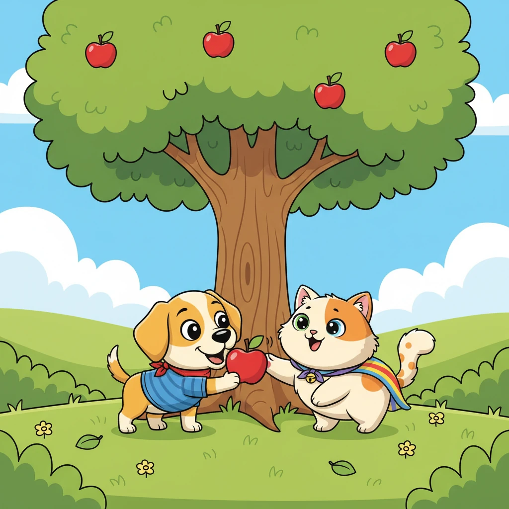 With the bright red apple now their shared toy, Buster and Whiskers played together at the base of the tree. Buster gently nudged it with his nose, and Whiskers batted it with her paw. They learned that playing *with* each other was even more fun than a chase.