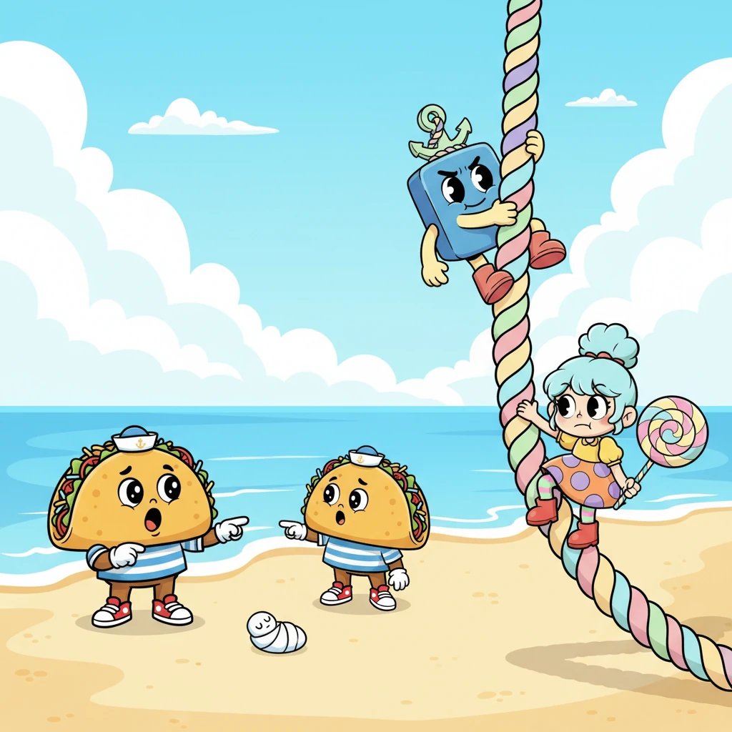 Taco, a cheerful walking taco, gasps at a tiny, bundled 'baby' on the shore. Suddenly, Stapy, a sentient staple, declares it an anchor and begins to scale its towering, rope-like chain with determined gusto. Lollipop, a sweet lollipop stick figure, and Taco look at each other, then reluctantly follow Stapy's wild ascent.
