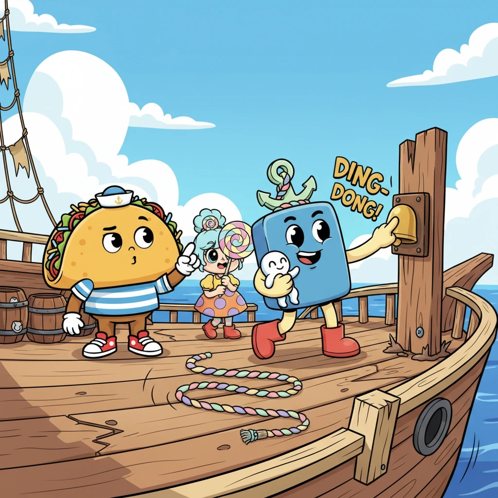 After a long climb, the trio finally reaches the deck of a grand, rickety pirate ship, swaying gently on the waves. Taco squints, a glimmer of recognition in her eyes, while Stapy confidently strides to a rusty doorbell and gives it an enthusiastic push, a loud DING-DONG echoing across the silent deck.