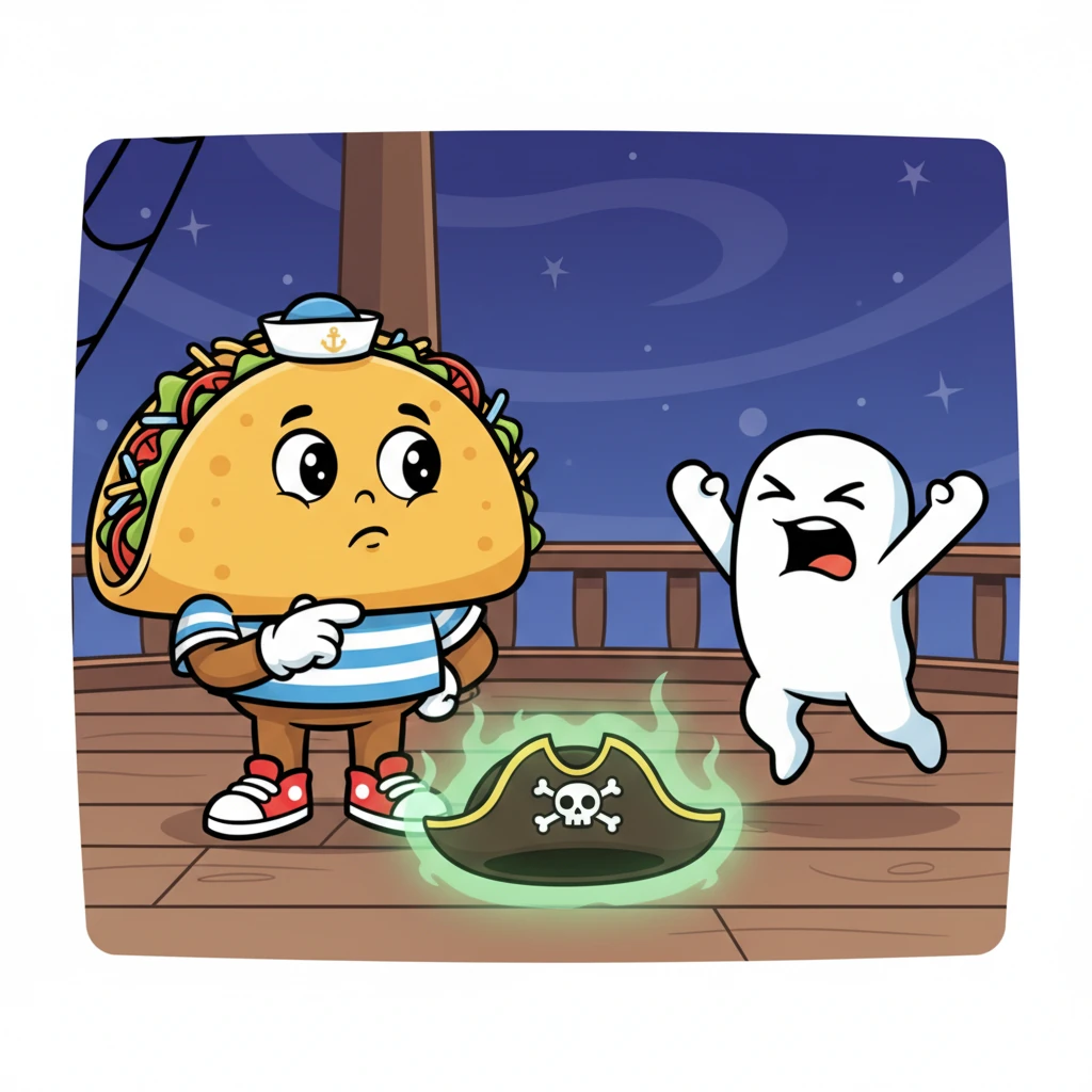 A ghostly pirate hat, shimmering with an eerie green glow, materializes from thin air, floating ominously before them. Stapy lets out a comical shriek, leaping back in terror, while Taco, though startled, puts the pieces together and realizes this spectral headwear is the ship's mysterious owner.