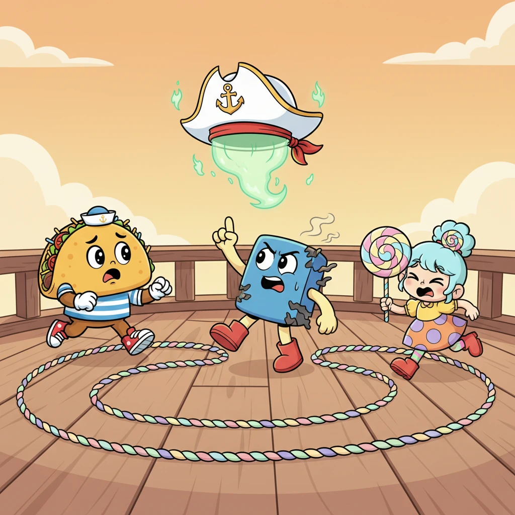 With a mischievous cackle, Ghost Pirate Hat unleashes a puff of spectral fire, comically singeing Stapy's already frazzled edges. Taco and Lollipop try to make a run for it, but no matter which way they turn, they find themselves back on the ship, as Ghost Pirate Hat declares his intention to make them his new crew. Stapy defiantly shakes his head, refusing the offer.