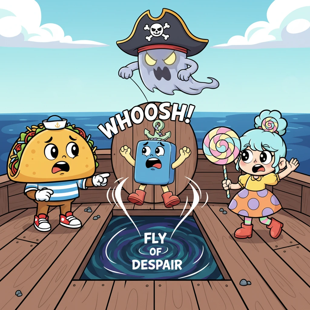 Ghost Pirate Hat, annoyed by Stapy's refusal, opens a trapdoor beneath him, sending Stapy spiraling down into the 'Fly of Despair' with a dramatic 'WHOOSH!' Wide-eyed, Taco and Lollipop quickly agree to join the crew, not wanting to share Stapy's unfortunate fate.
