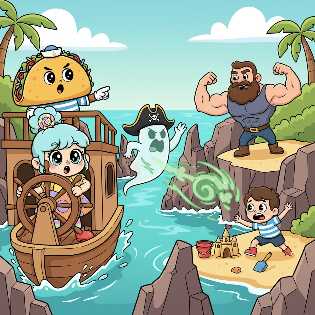 Lollipop bravely takes the ship's wheel, expertly navigating through treacherous, jagged rocks. Taco spots a burly, muscular man on the shore, but Ghost Pirate Hat dismisses him as 'too tough,' instead choosing a small, innocent-looking child to scare. With a mighty roar, Ghost Pirate Hat unleashes a terrifying spook, sending the kid scrambling away.