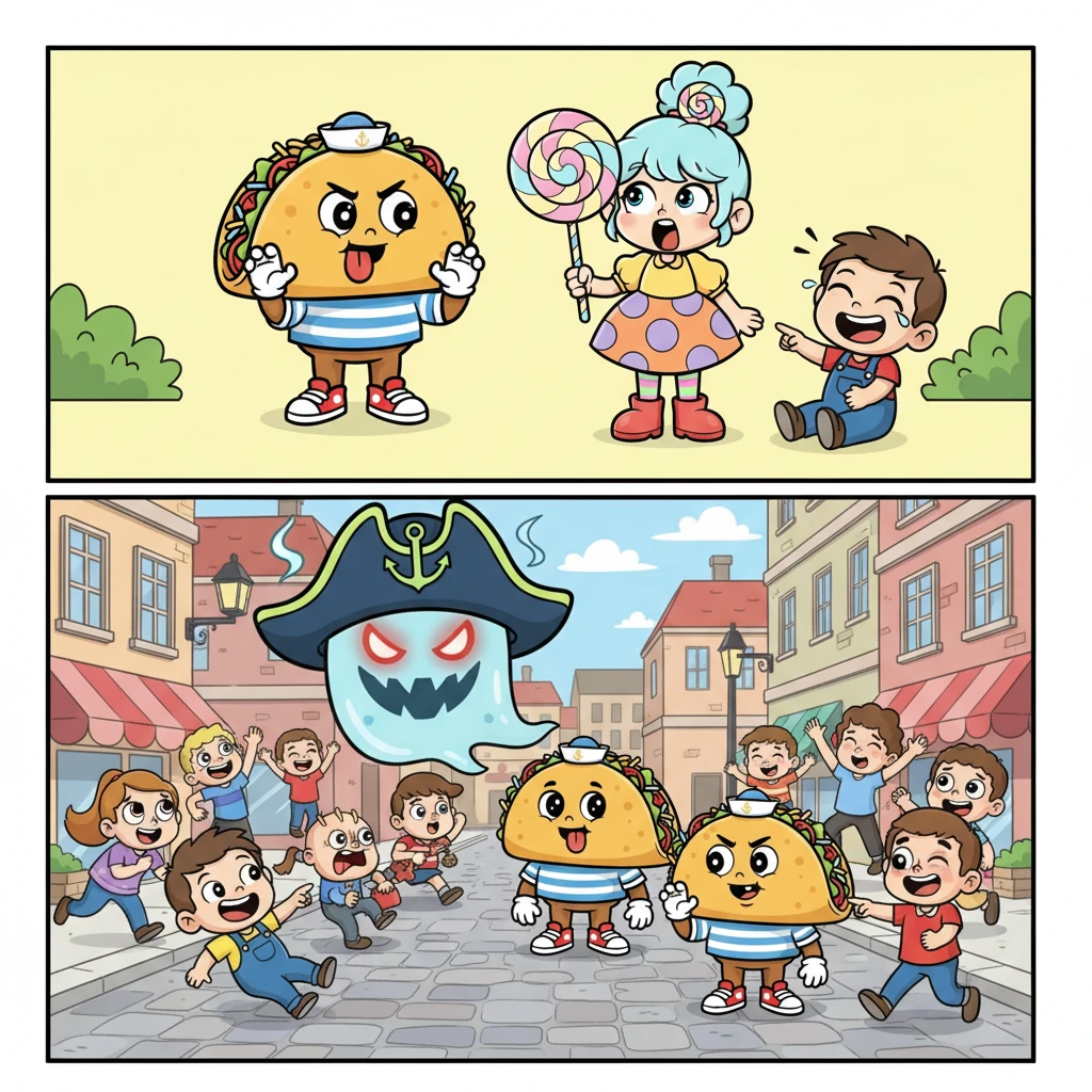 Taco and Lollipop attempt their own spooky faces, but the kid just giggles, finding their efforts hilariously funny. Later, Ghost Pirate Hat successfully frightens an entire town, sending everyone fleeing in comical panic, but when Taco and Lollipop try to join in, the townsfolk simply laugh at their silly attempts.