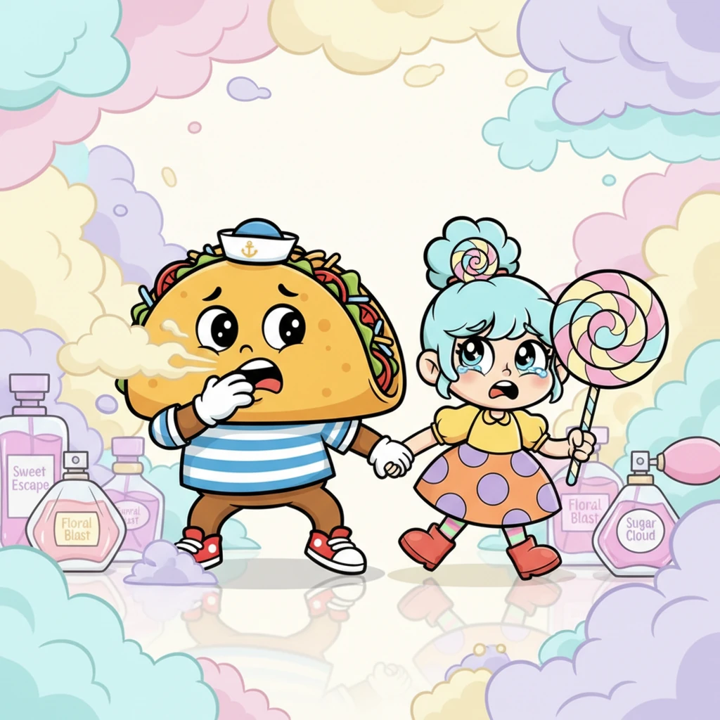 Frustrated by their lack of scariness, Ghost Pirate Hat declares he'll eat Taco and Lollipop as punishment. Lollipop whispers a plan to escape, but the ship's door is locked. They burst into a perfume department, where thick, sweet-smelling mists make it incredibly hard for them to breathe as they stumble through.