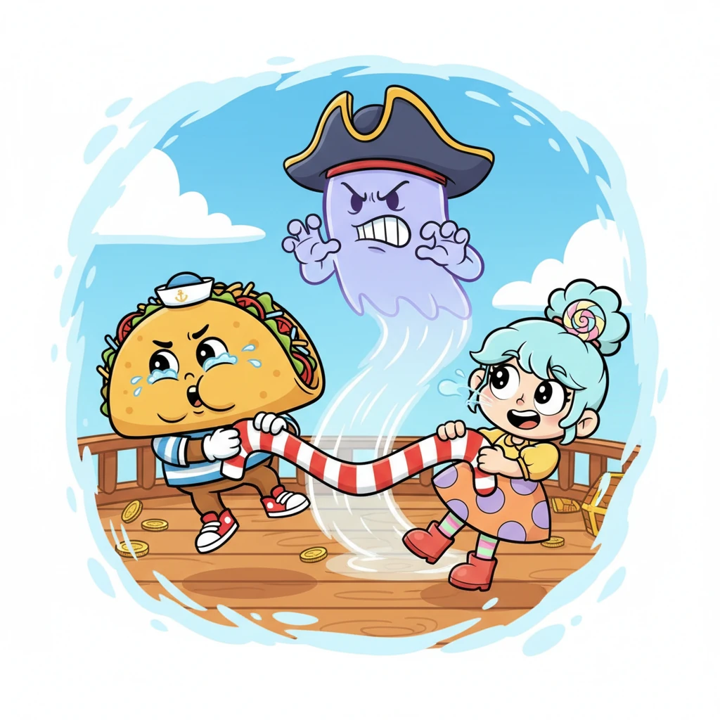 Coughing and sputtering, Taco and Lollipop finally burst through to the other side, clutching a long, striped dining sock they'd overheard was essential for Ghost Pirate Hat to eat. The spectral hat catches up, furious, but hesitates, unable to harm them without risking damage to his precious sock.
