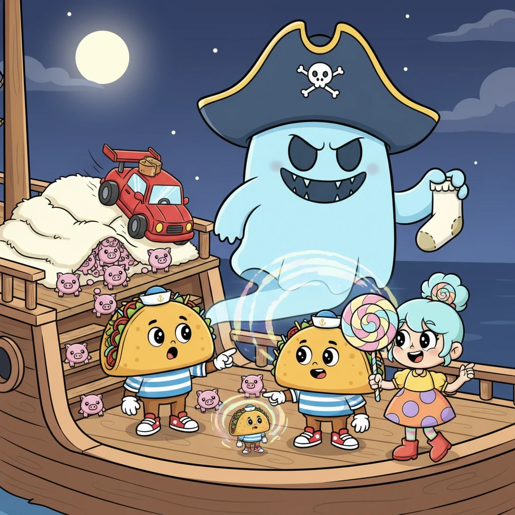 Ghost Pirate Hat offers three wishes for his sock. Lollipop's wish for 'pigs in a blanket' comically summons real baby pigs, and Taco's wish for a race car to 'catch' them accidentally brings Stapy back to the ship. With the final wish, decided by a landslide vote, Taco wishes Ghost Pirate Hat 'wasn't bigger than them' to stop him from eating them. Instantly, Ghost Pirate Hat shrinks to a tiny, adorable size, much to Taco's surprise, as the magic is irreversible and not quite what she intended.