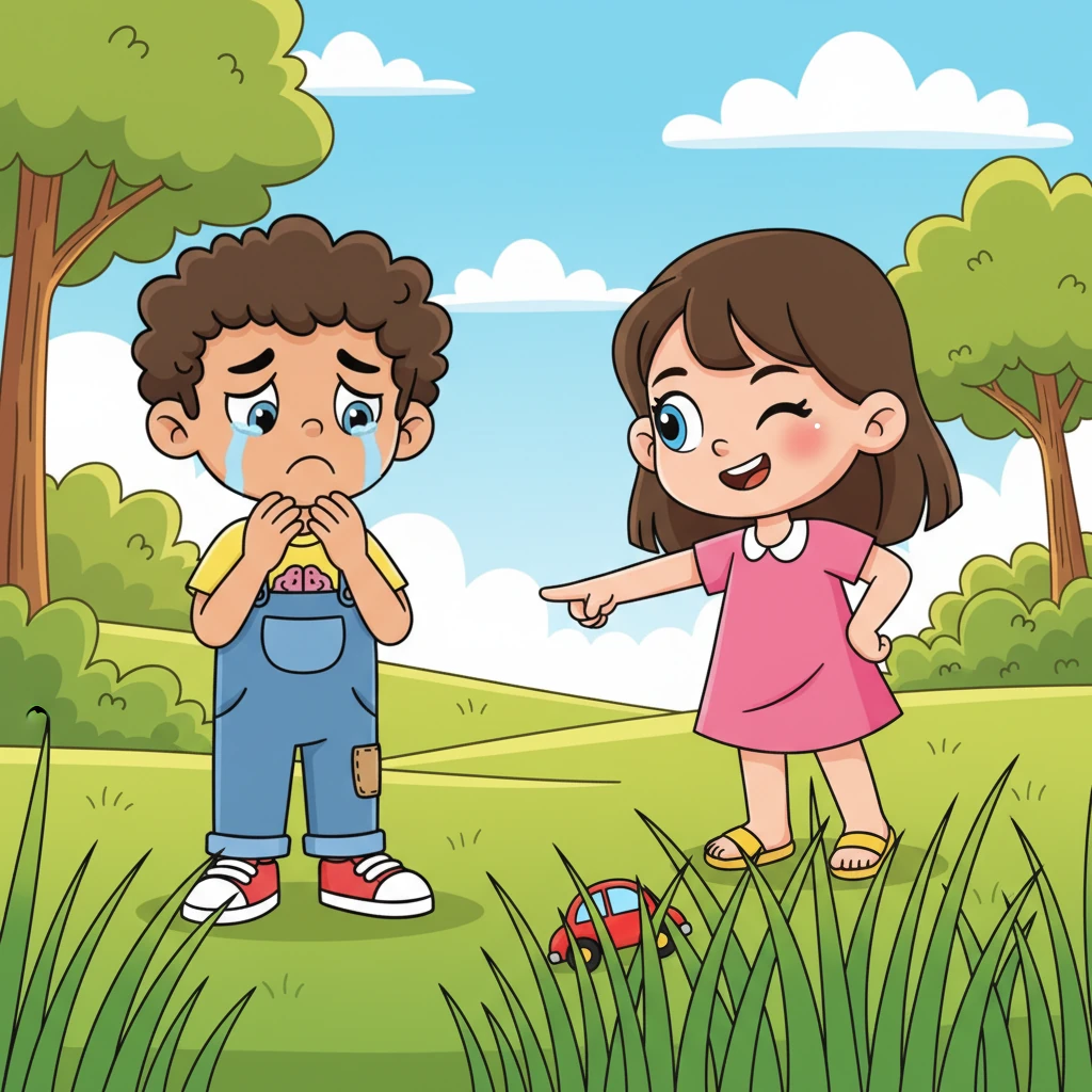 One sunny morning at the park, Lily's friend Tom was upset because he couldn't find his favorite red toy car. Lily, with a playful wink, pointed directly to a patch of tall grass where she remembered seeing it roll, saving the day with her keen eye.