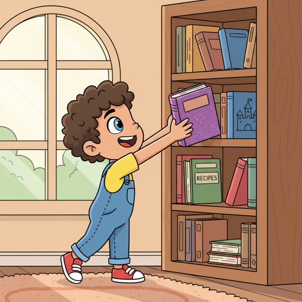 Back home, Grandma needed a special recipe book, a big one with a sparkly purple cover. Lily instantly remembered it was nestled on the third shelf of the tall bookcase, right between the green cookbook and the blue storybook.