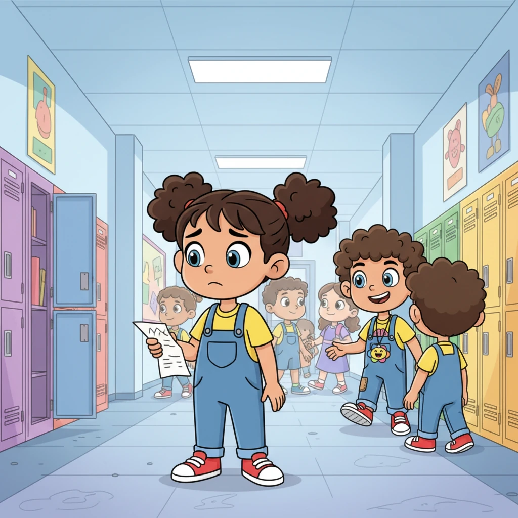 On Monday, a new student named Maya looked quite lost in the bustling school hallway. Her shoulders drooped as she tried to remember her locker number and where her classroom was, feeling overwhelmed by all the new sights.