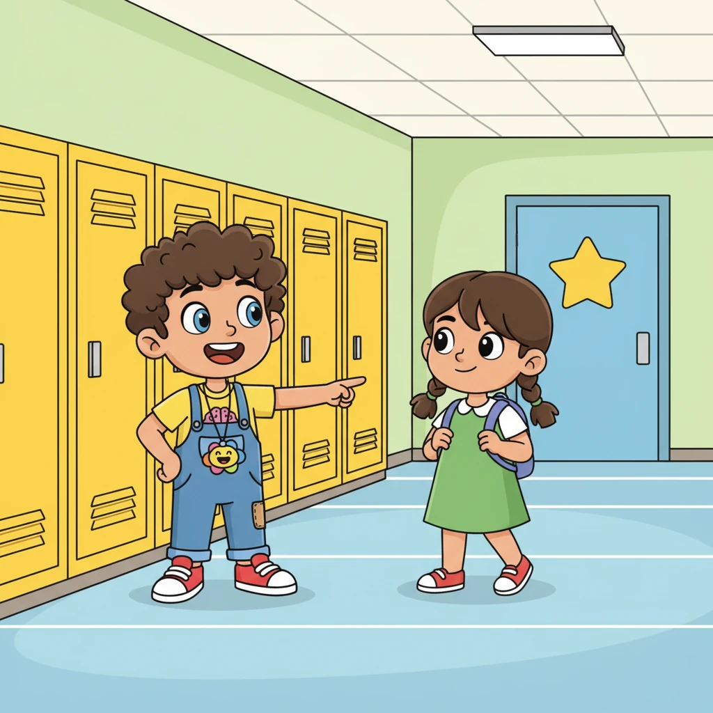 Lily, with a friendly grin, remembered the detailed school map from the bulletin board. She cheerfully guided Maya past the bright yellow lockers and the classroom door with the big, friendly star, making Maya feel right at home.