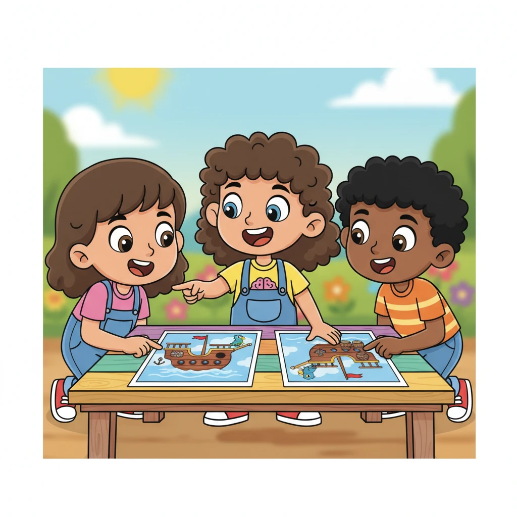 Lily and her friends gathered for a super fun 'spot the difference' game with two playful pictures of a pirate ship. With her amazing visual memory, Lily quickly found all seven tiny changes, from a missing flag to a different-colored parrot.