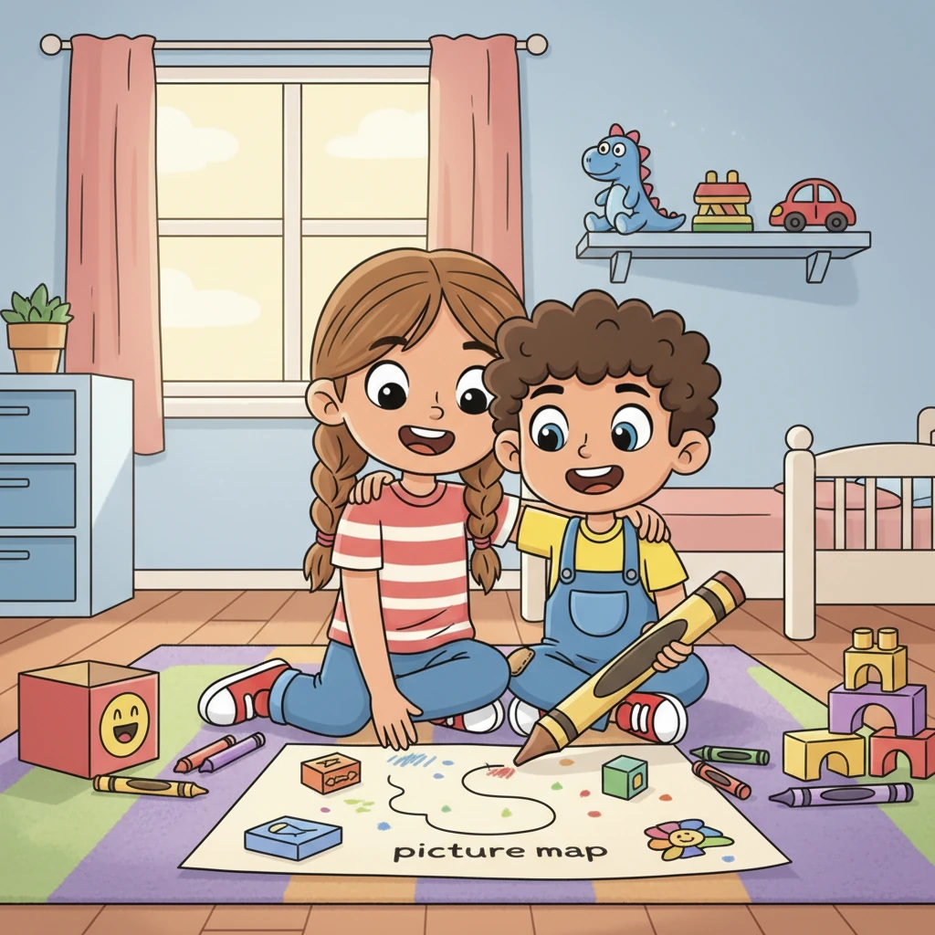 Lily decided to help her little brother, Leo, remember where his toys belonged. Together, they drew a 'picture map' of his room, showing exactly where each toy lived, making cleanup time a fun memory game.
