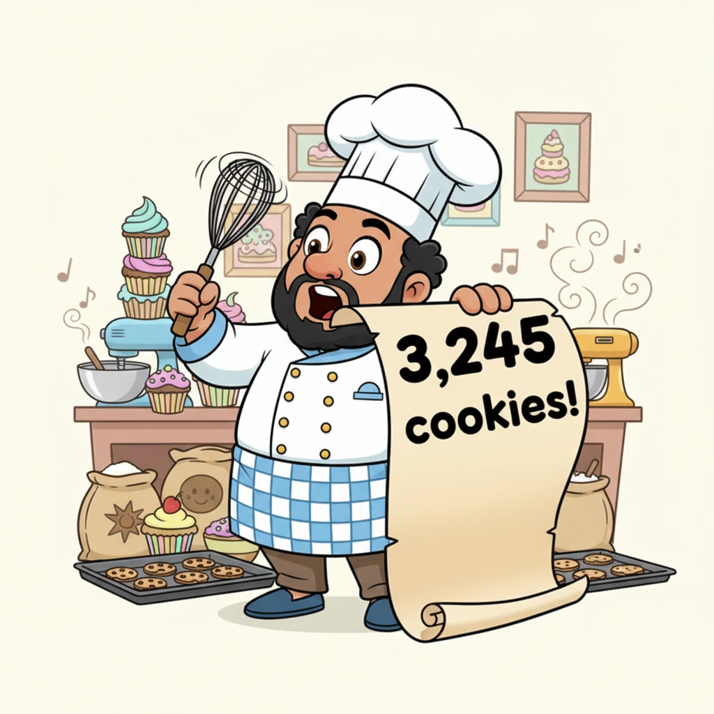 In his bustling kitchen, Chef Numerio hummed happily, surrounded by the sweet scent of baking. His whisk twirled as he read a new order for the Town Festival. "3,245 cookies!" he exclaimed, then gasped as the huge number sank in. His eyes widened like dinner plates.