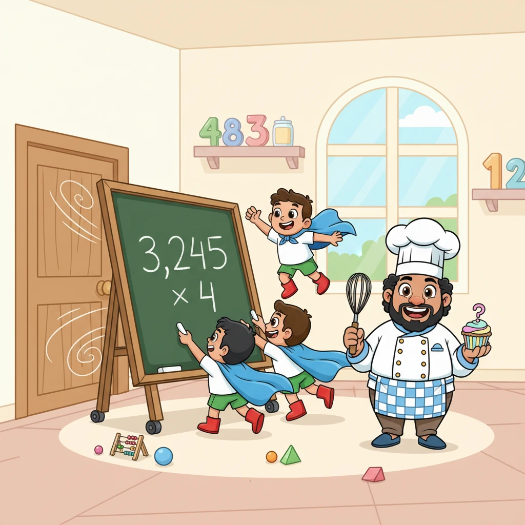 Just then, the door burst open and a trio of cheerful Math Helpers zoomed in, their capes fluttering. "We can help!" they chirped in unison, pulling out a giant chalkboard. One helper carefully wrote the numbers: 3,245 × 4.