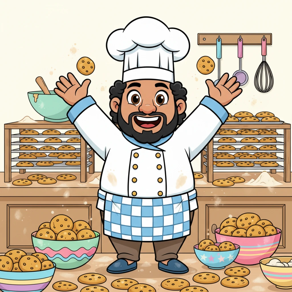 Soon, the kitchen was overflowing with golden-brown cookies, stacked high on cooling racks. Chef Numerio threw his hands in the air, a huge grin spreading across his face. "We did it!" he cheered, "Multiplication and regrouping saved the festival!"