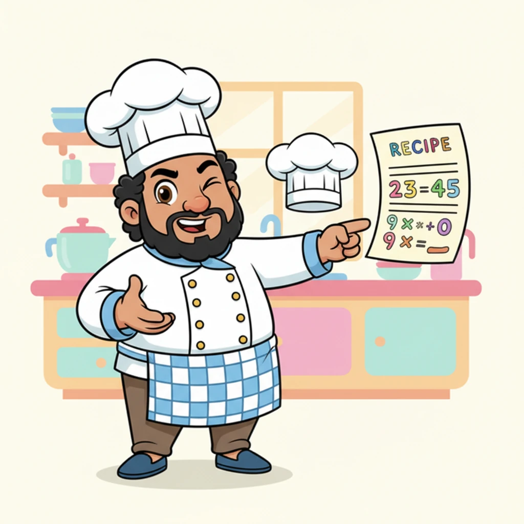 Chef Numerio turned with a playful wink, holding out a special chef's hat. "Now YOU are the Math Chef!" he declared. "Can you solve the next mystery?" He pointed to a new set of numbers on a recipe card, inviting the reader to join the fun.
