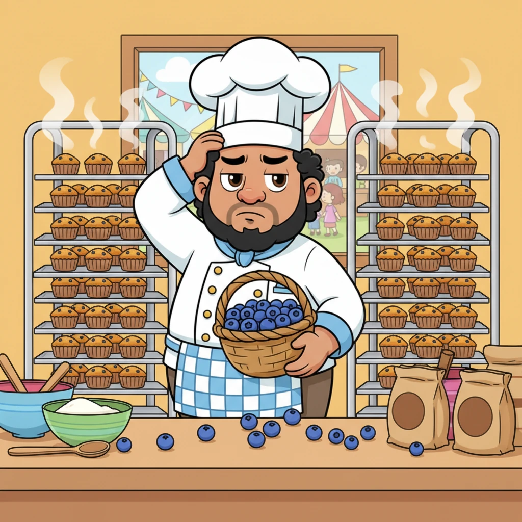 "The festival needs more!" Chef Numerio announced, holding up a basket of blueberries. "We need 2,150 blueberry muffins, and I can bake three batches at once!" He scratched his head again. "How many muffins will we bake in total?"