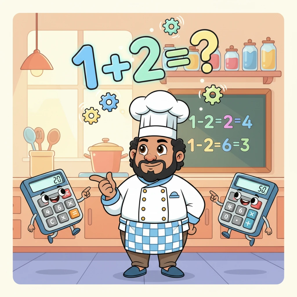 The Math Helpers gathered around, their encouraging smiles beaming. They pointed to the new numbers, silently inviting the "Math Chef" to think. Little gears whirred in the air, symbolizing the problem-solving process. The kitchen felt alive with anticipation.